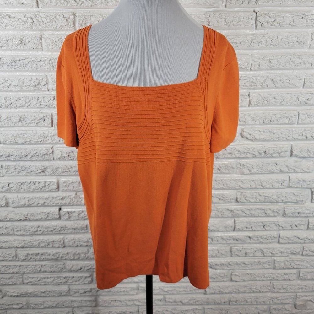 Cable & Gauge 2X Plus Orange Top Short Sleeve Square Neck Pintuck Stretch ORA9E